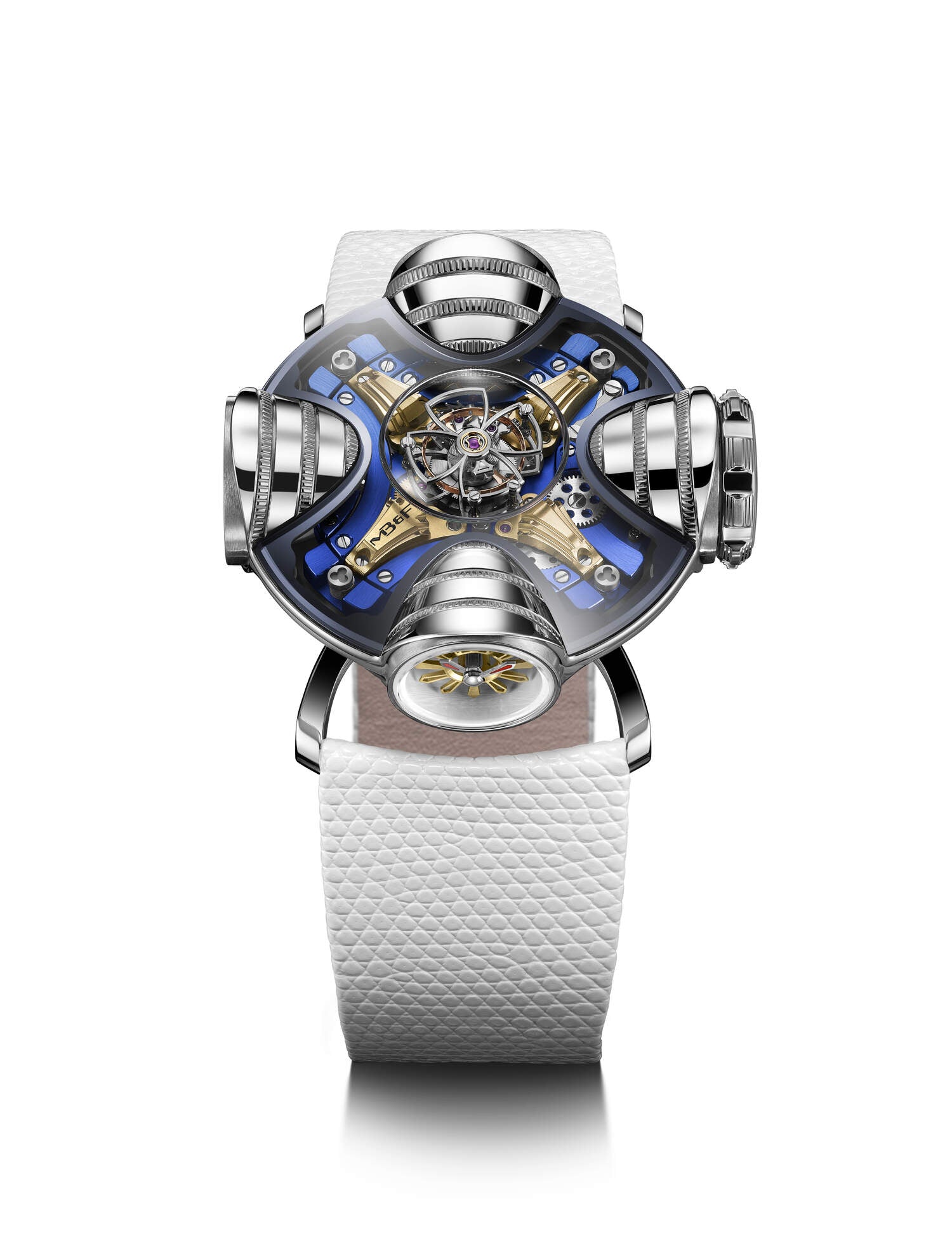 The MB&F HM11 Art Deco watch features a complex mechanical design, blue and gold metal accents, a skeletonised dial, and a white textured leather strap, all showcased against a white background.