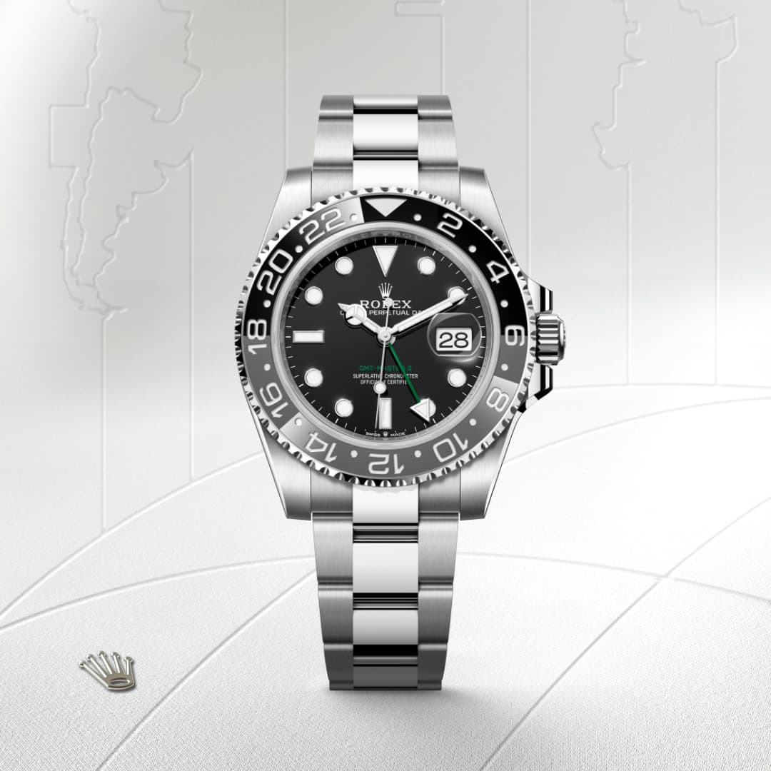 A silver Rolex GMT-Master II watch with a black dial and date display, set against a world map background.