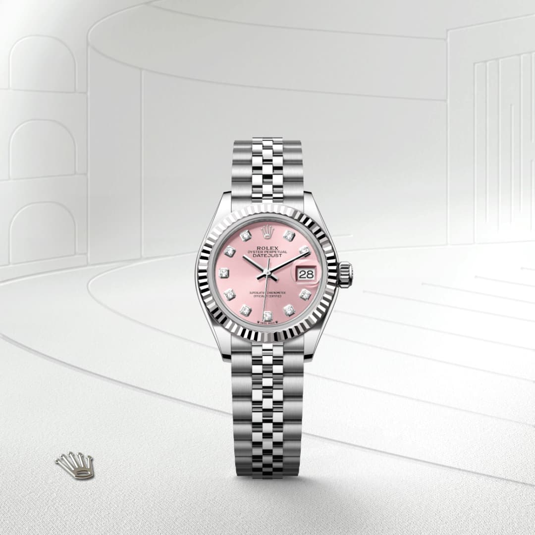 Rolex watch with a pink dial, diamond hour markers, and a silver bracelet on a minimalist white background.