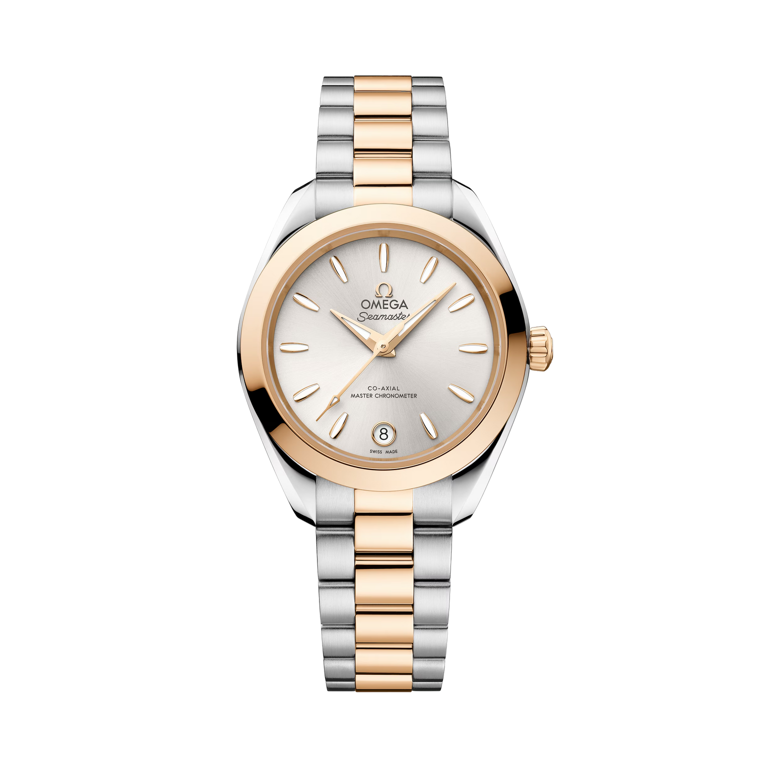 OMEGA Seamaster Aqua Terra 150M 30mm, Moonshine™ gold on steel, Moonshine™ gold Bezel, Silver Dial Watch with a Moonshine™ gold on steel integrated two-tone bracelet.