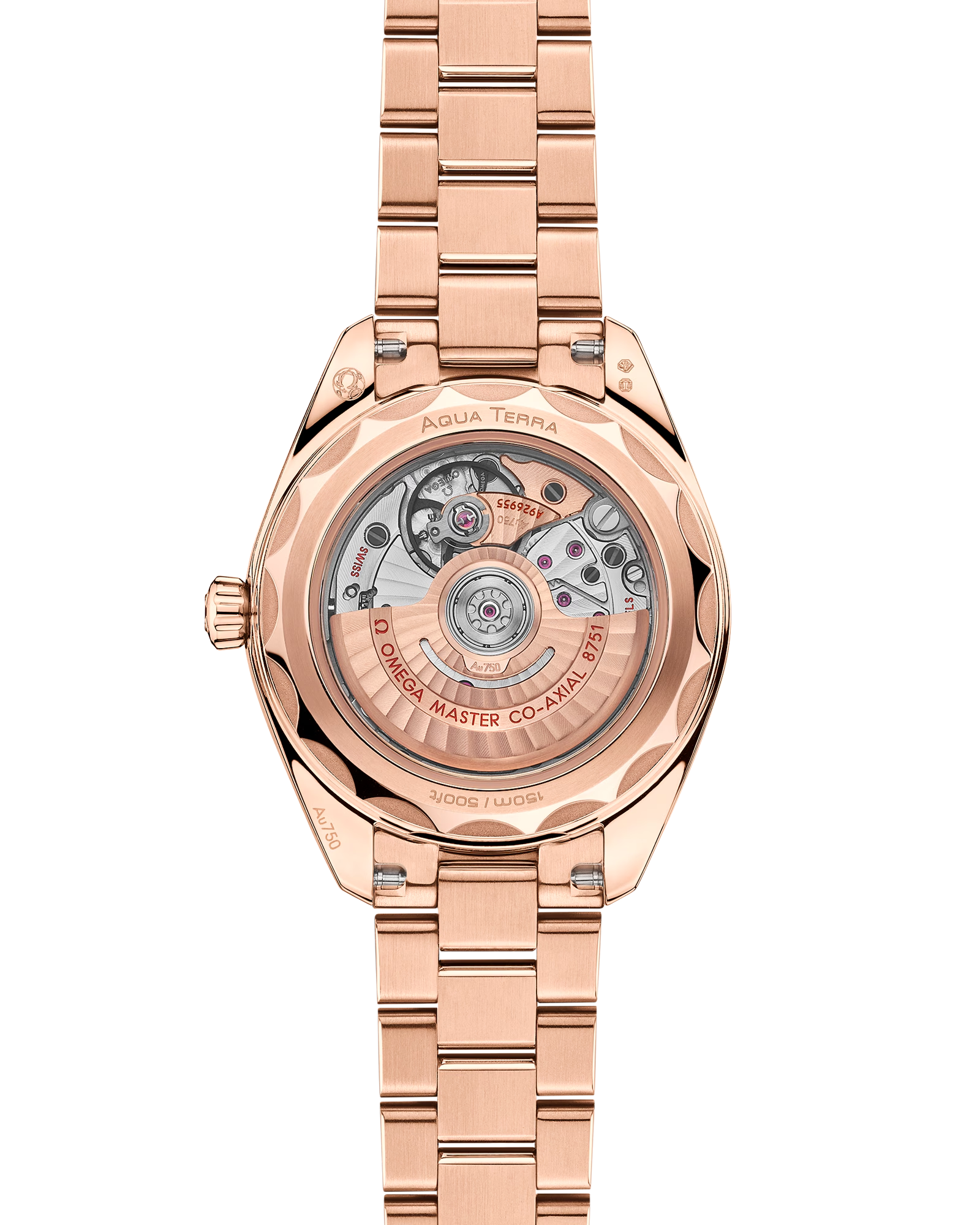 OMEGA Seamaster Aqua Terra 150M 30mm, Sedna™ gold on Sedna™ gold watch with transparent caseback on a Sedna™ gold integrated bracelet.
