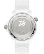 White watch with detailed branding and design elements on a clear background