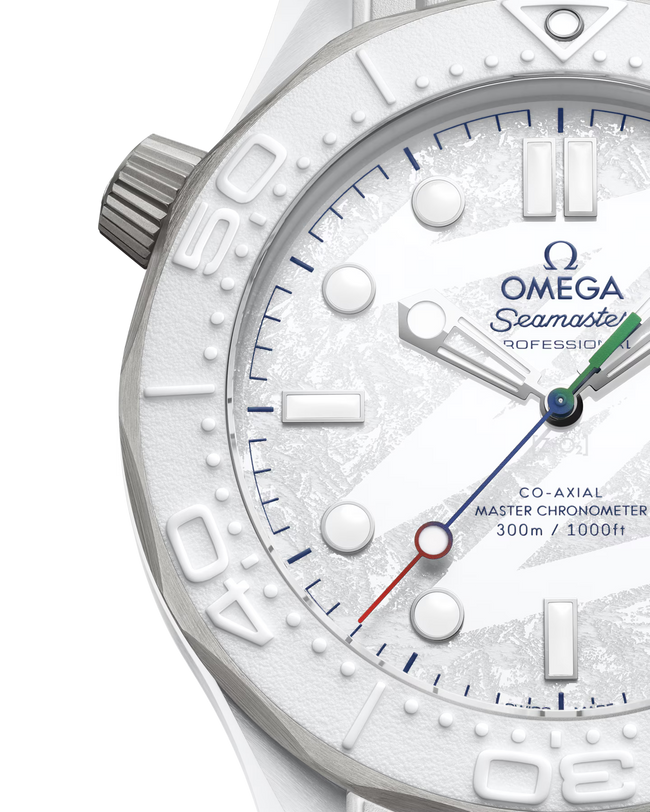 Omega Seamaster watch with white face and silver case on a clear background