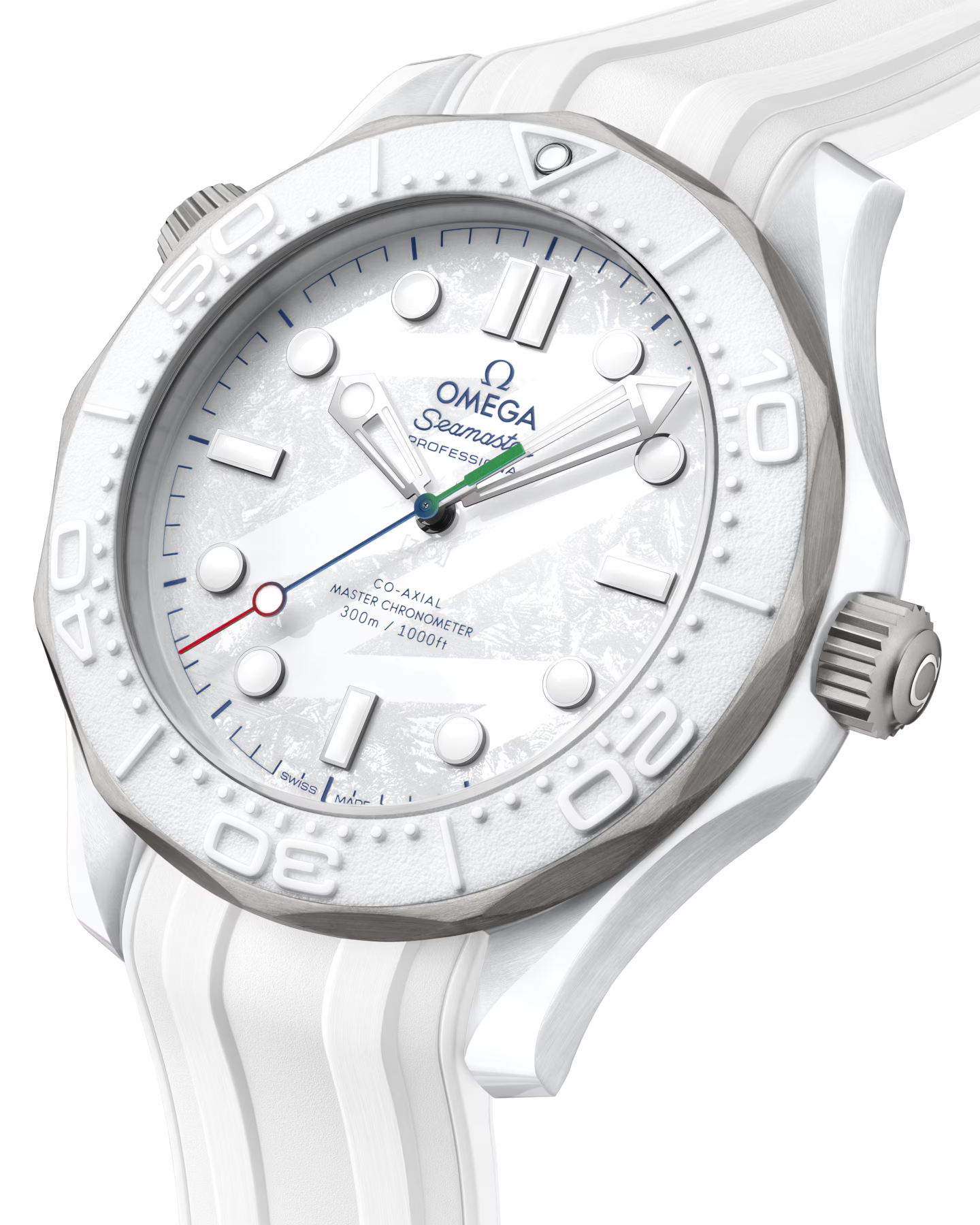 White Omega watch with detailed face on a transparent background