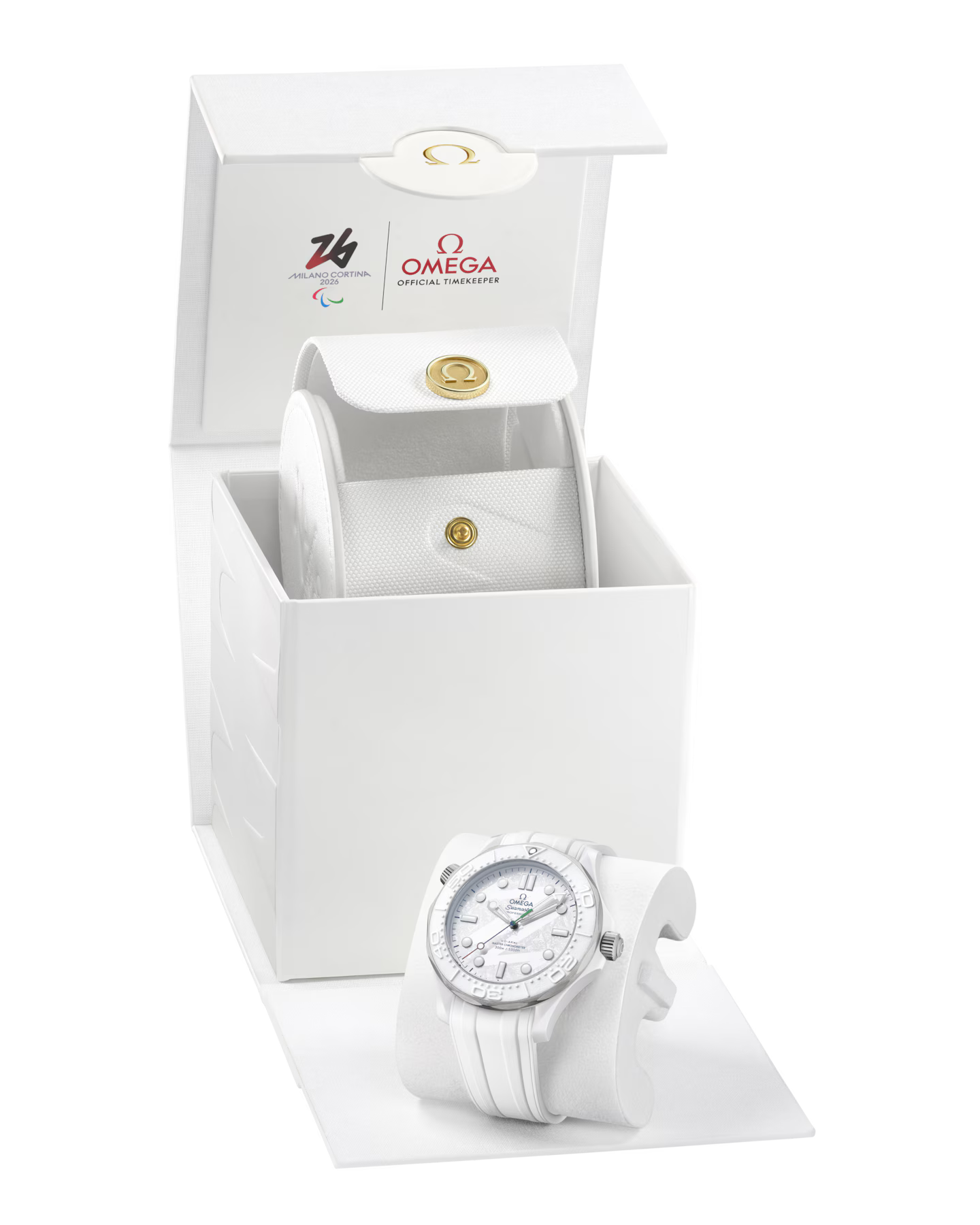 White watch with a white box featuring Omega branding on a white background