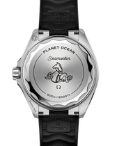 The OMEGA Seamaster Planet Ocean 42mm showcases an engraved seahorse, OMEGA logo, and "Planet Ocean Seamaster 600m / 2000ft" on the back, plus a black strap and durable stainless steel case.