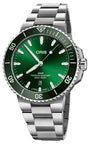 Oris watch with green dial and silver bracelet on a white background