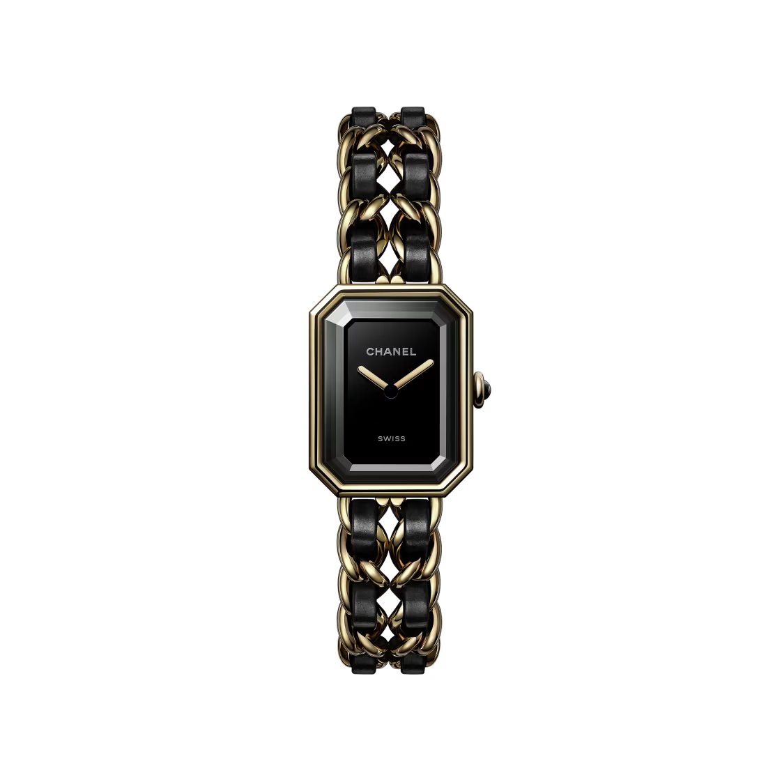 The Première Édition Originale Small Model by Chanel is a luxury wristwatch with a rectangular black-lacquered dial, yellow gold steel case, chain-link bracelet woven with black leather, gold hands, and "CHANEL" on the dial.