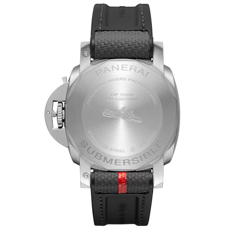 The back view of the Panerai Submersible Luna Rossa showcases its brushed stainless steel case, P.900 calibre engraving, and a black strap with red stripe and visible stitching.