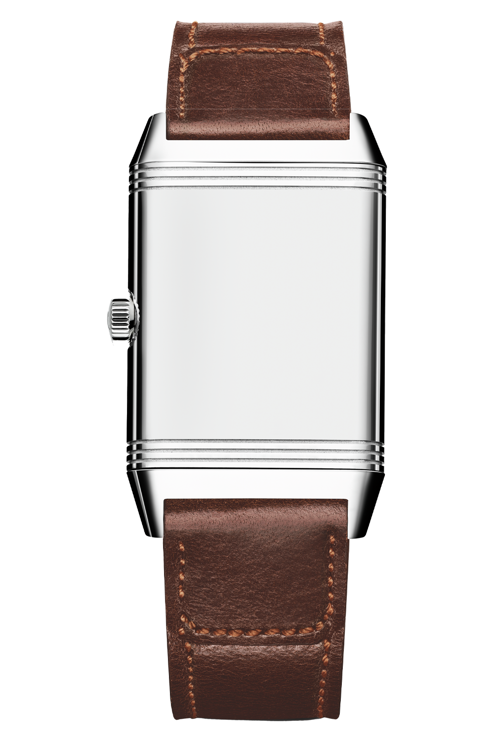A Jaeger-LeCoultre Reverso Classic Duoface Small Seconds wristwatch in steel with a blank silver face, brown leather strap, and left-side crown, designed to track two time zones, set against a white background.