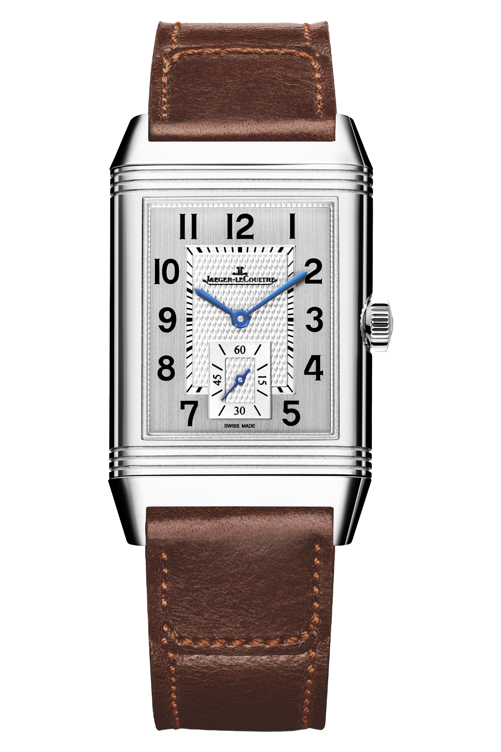 The Jaeger-LeCoultre Reverso Classic Duoface Small Seconds features a rectangular steel case, brown leather strap, black Arabic numerals, blue hands, and a small seconds subdial at 6 o’clock—ideal for tracking two time zones.