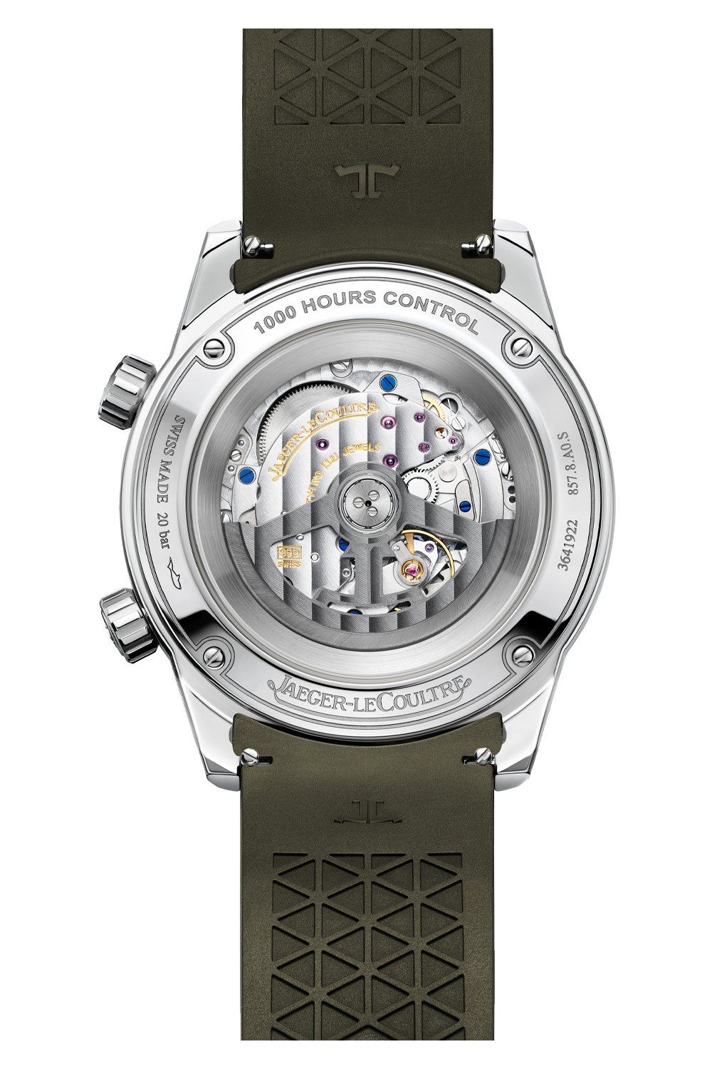 Back view of the Jaeger-LeCoultre Polaris Date, showing its open case back with Calibre 899 movement, engraved details, and an olive green textured rubber strap—blending sporty and elegant design.