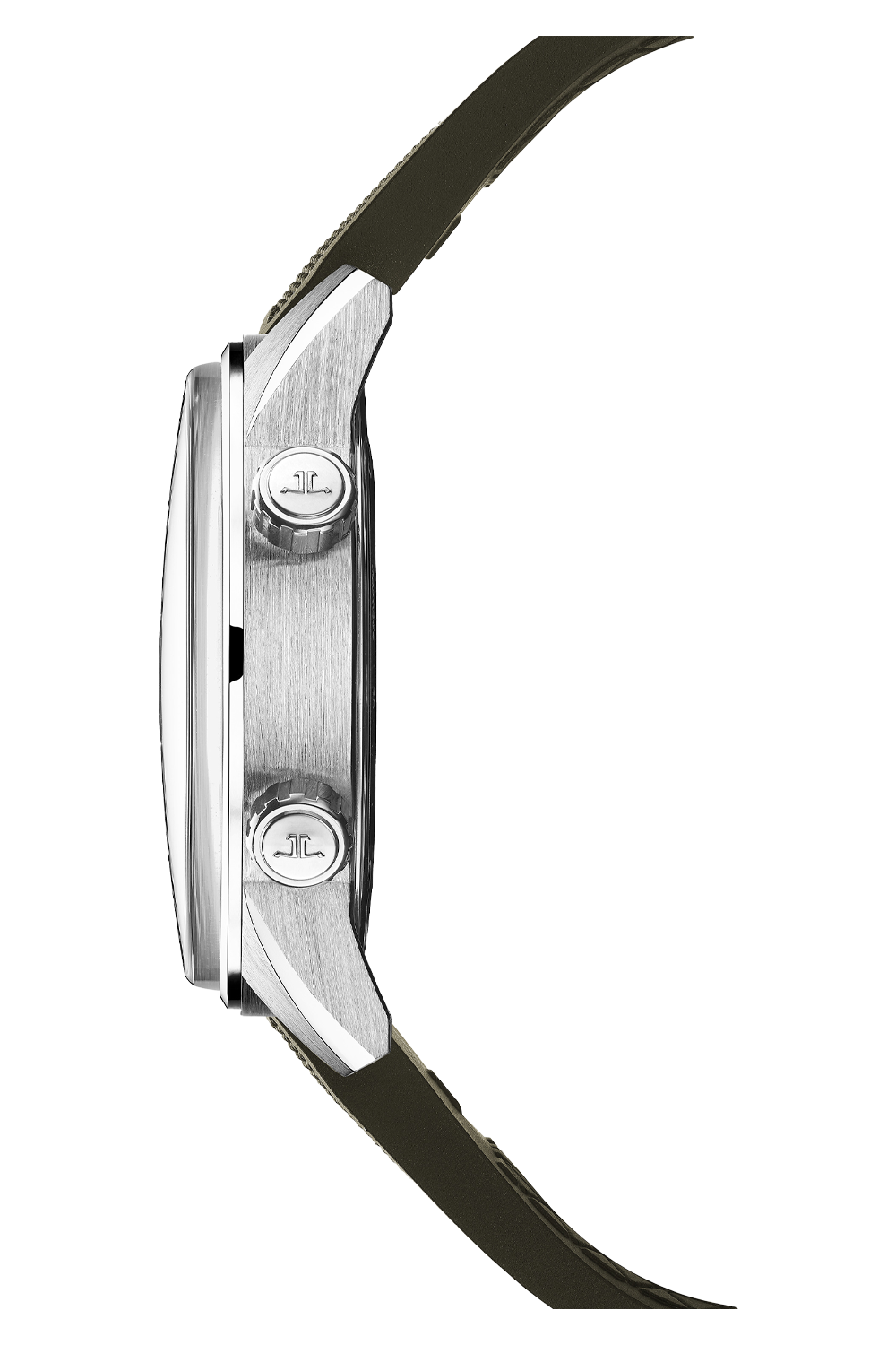 Side profile view of the Jaeger-LeCoultre Polaris Date watch in silver with a round case, metallic side buttons engraved with the logo, and an olive green strap, set against a plain white background.