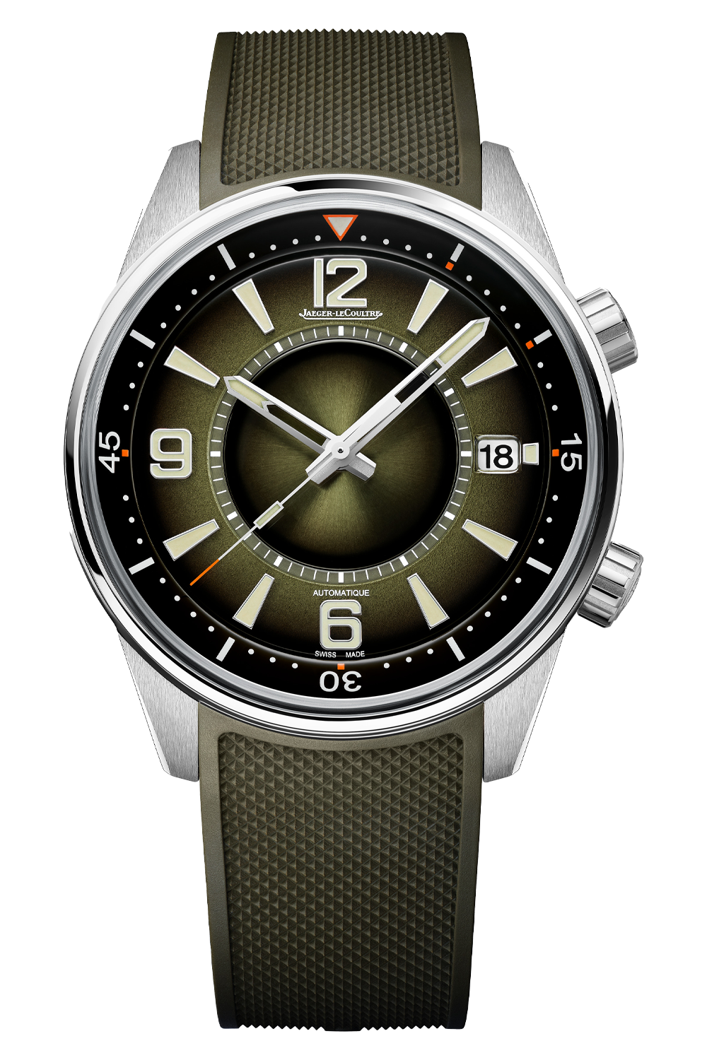 The Jaeger-LeCoultre Polaris Date features a green textured strap, olive green sunburst dial, silver hands, white markers, date at 3 o'clock, stainless steel case, and is powered by the Calibre 899.