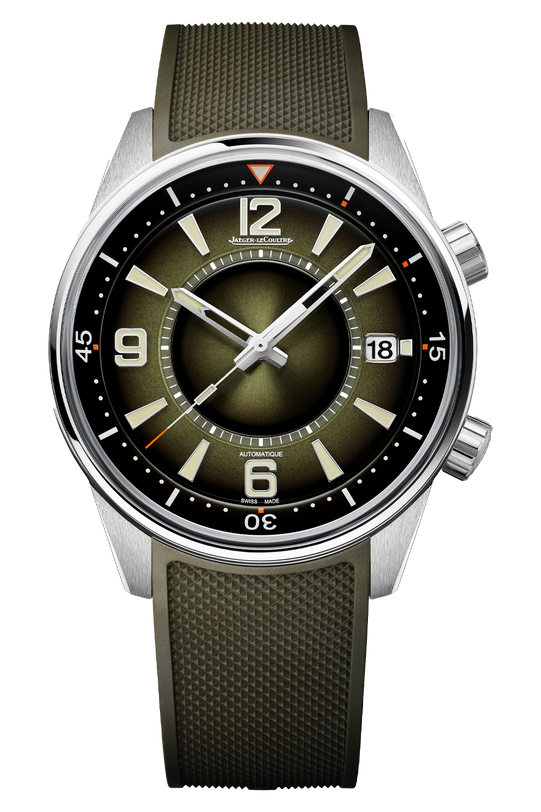 The Jaeger-LeCoultre Polaris Date features a green textured strap, olive green sunburst dial, silver hands, white markers, date at 3 o'clock, stainless steel case, and is powered by the Calibre 899.
