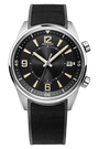 The Jaeger-LeCoultre Polaris Date is a black and silver luxury watch with a textured strap, round black dial, white hour markers, date at 3 o’clock, and two crowns. Time is set to 10:10. Inspired by the iconic Calibre 899 movement.