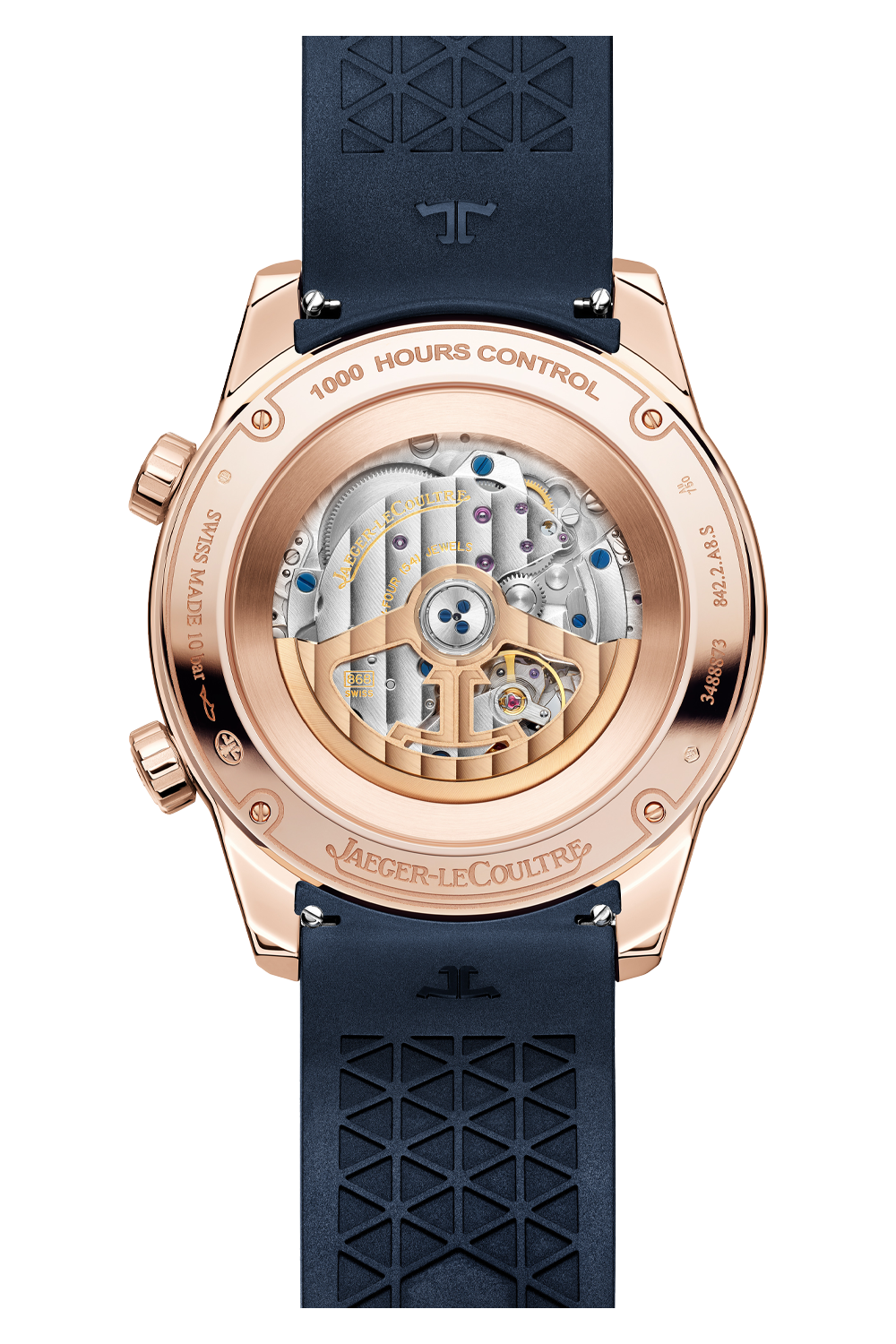 The Jaeger-LeCoultre Polaris Perpetual Calendar features a pink gold case back, visible mechanical movement, engraved branding, and a blue rubber strap with a geometric pattern.