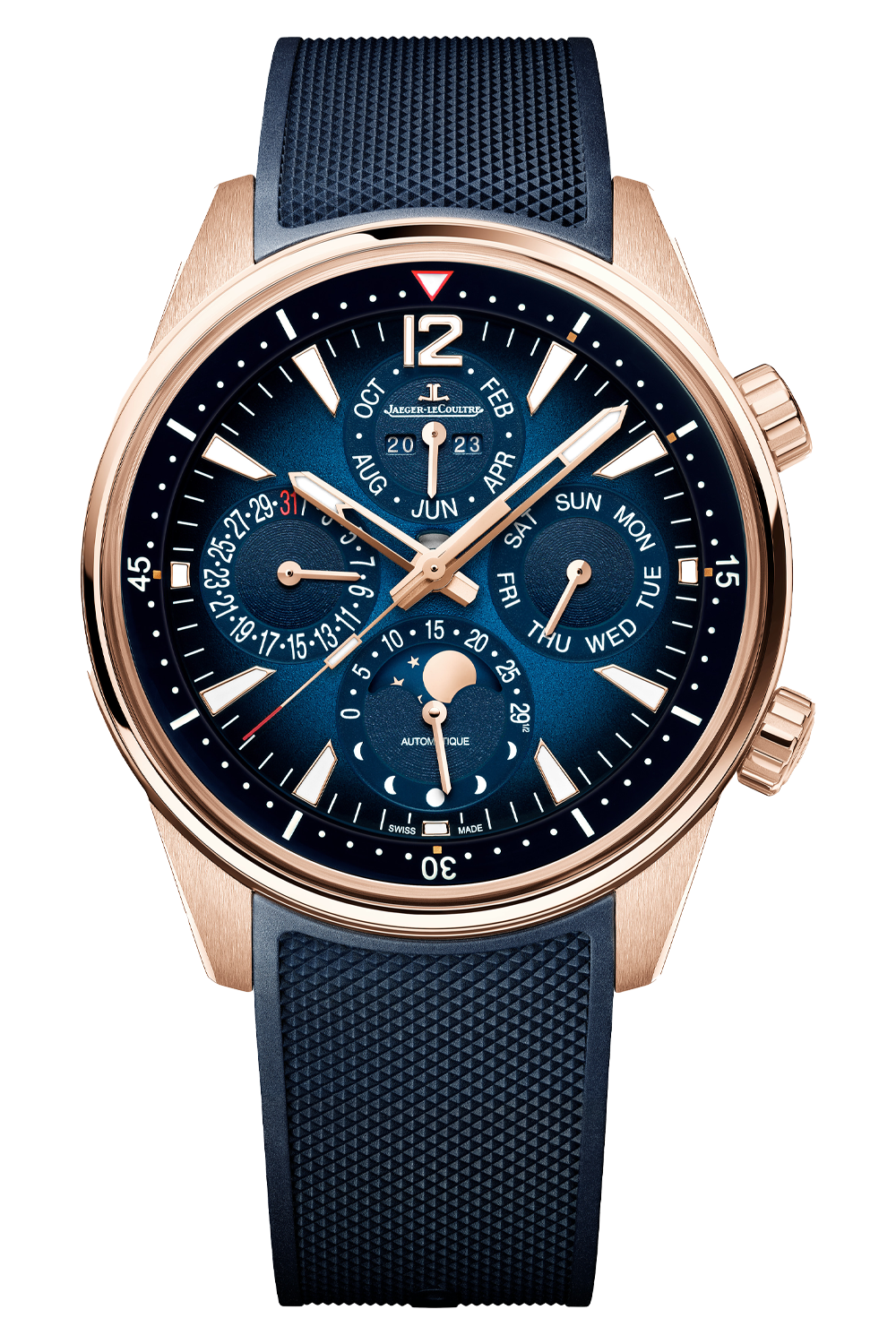 The Jaeger-LeCoultre Polaris Perpetual Calendar is a luxury pink gold watch with a blue dial, perpetual calendar, moon phase sub-dials, textured blue strap, white markers, and gold-accented hands for an elegant look.