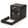 Black single watch winder with pull-out cover drawer and silver-accented rotating cushion.