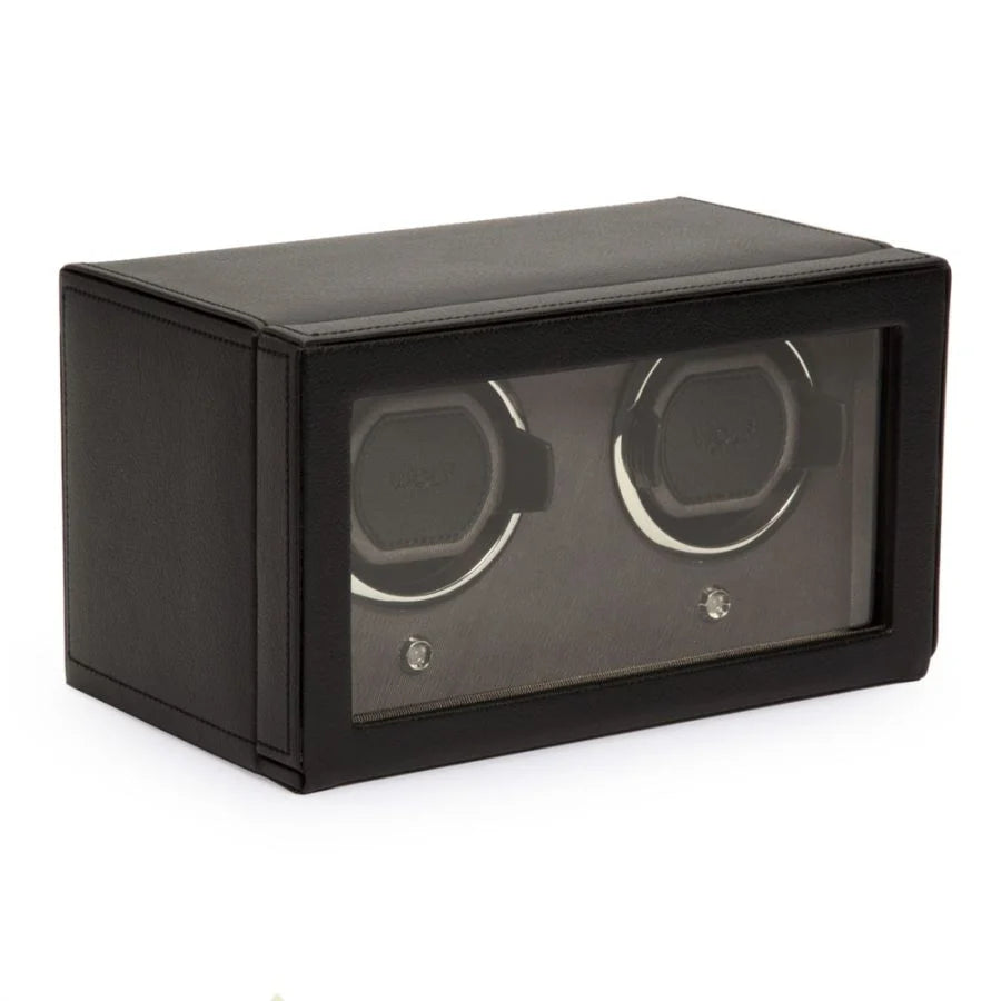 Black double watch winder with gray interior, two rotating watch heads, and removable cover.