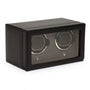 Black double watch winder with gray interior, two rotating watch heads, and removable cover.