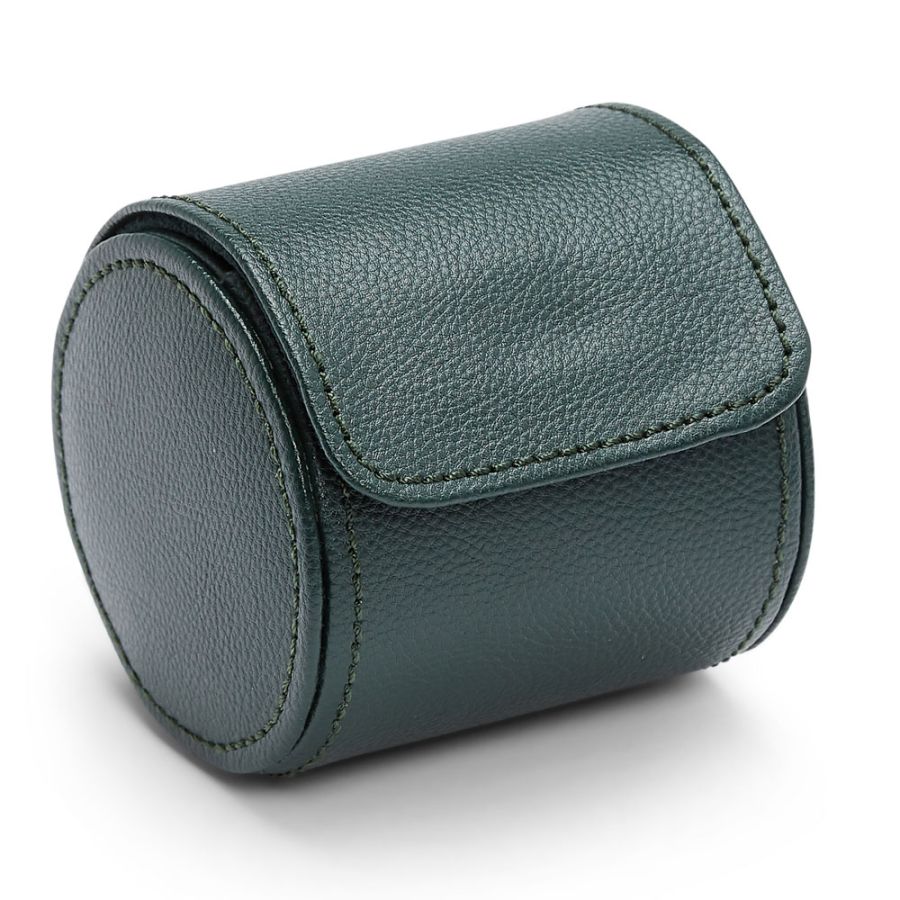 Cylindrical green leather watch roll with flap closure and stitched seams.