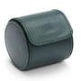Cylindrical green leather watch roll with flap closure and stitched seams.