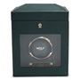 Dark green leather watch winder box with single rotating watch platform, control panel, and lockable closure.