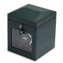 Dark green leather watch winder with gold trim, front window display, and padded top storage compartment.