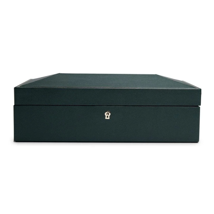 Dark green rectangular watch box with hinged lid and silver lock mechanism.