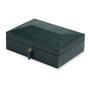 Dark green leather watch box with gold-tone hardware and lock closure, featuring cushioned interior compartments.