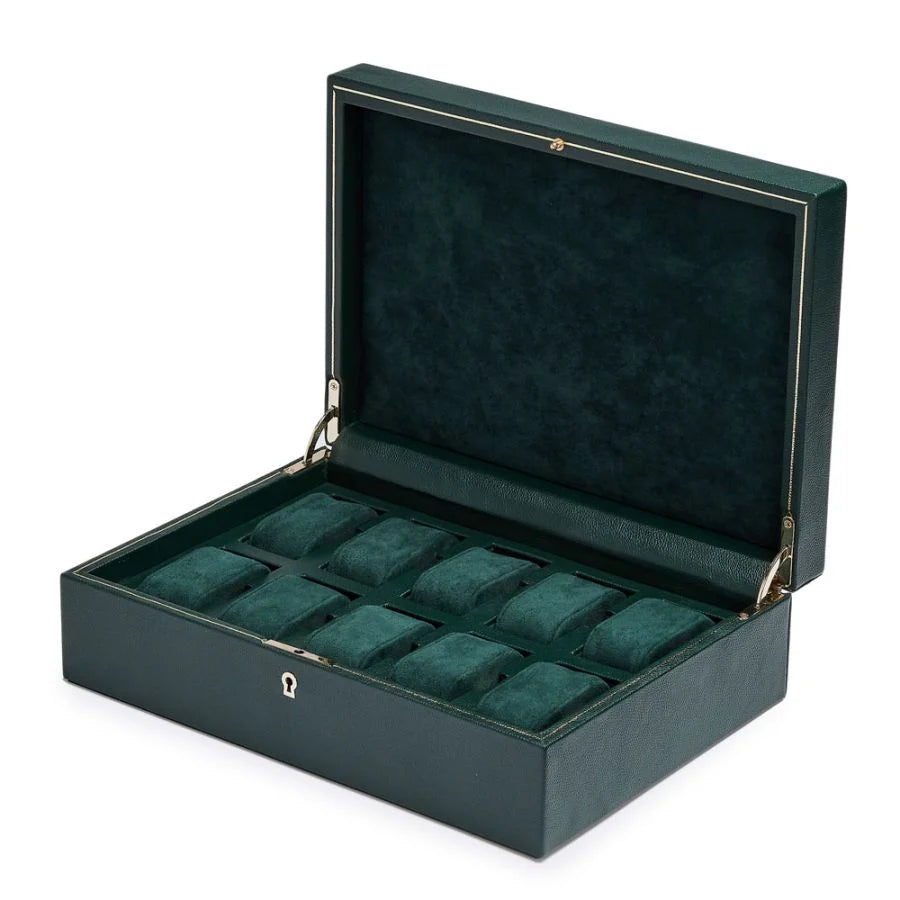Dark green leather watch box with hinged lid open, displaying 10 green velvet watch pillows inside.