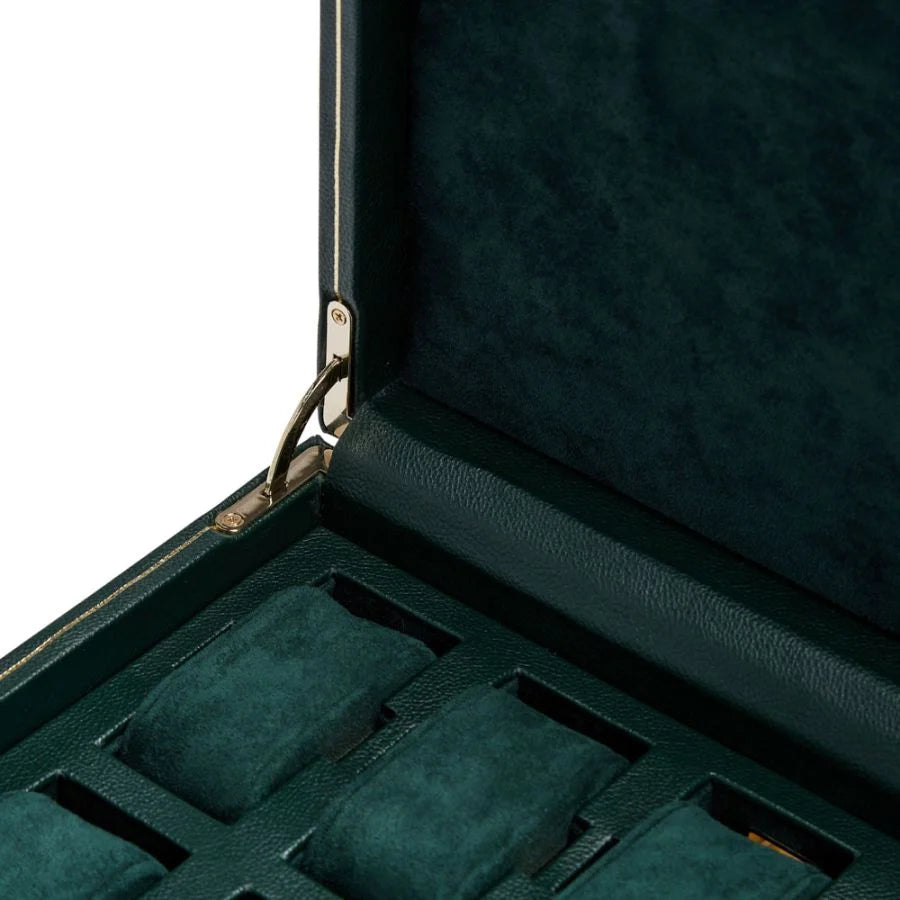 Dark green leather watch box with metal clasp and velvet compartments for multiple watches.