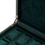 Dark green leather watch box with metal clasp and velvet compartments for multiple watches.