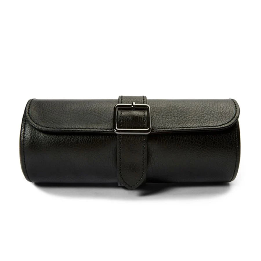 Black leather cylindrical watch roll with buckle closure and strap fastener.
