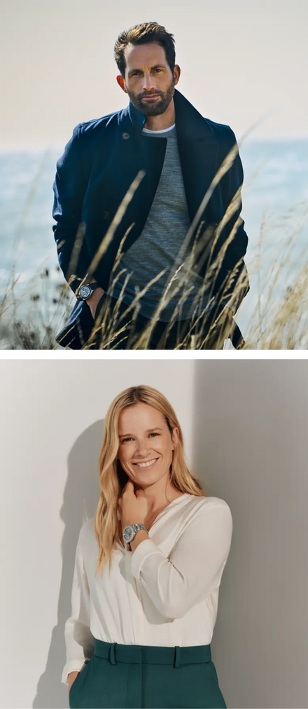 A man stands outdoors in tall grass; a woman smiles indoors against a white wall.