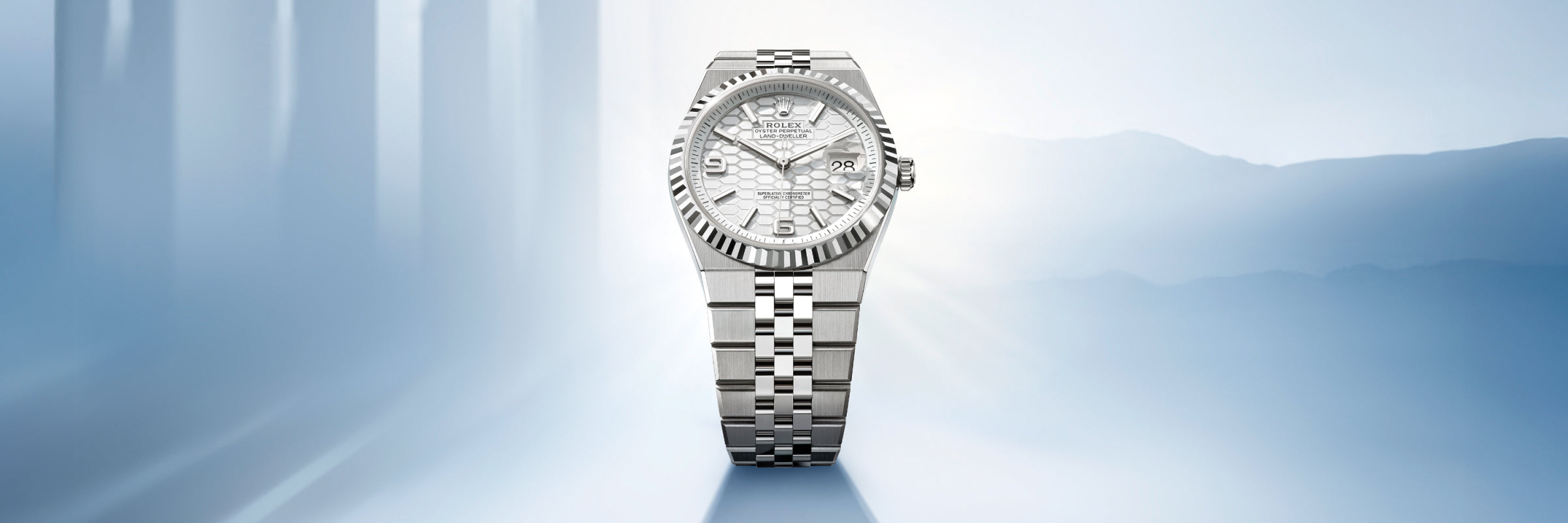 A silver Rolex wristwatch with a patterned face displayed against a light blue gradient background.