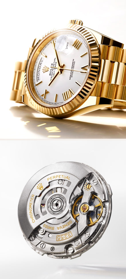 A gold wristwatch with a white dial, and its intricate mechanical movement shown below.
