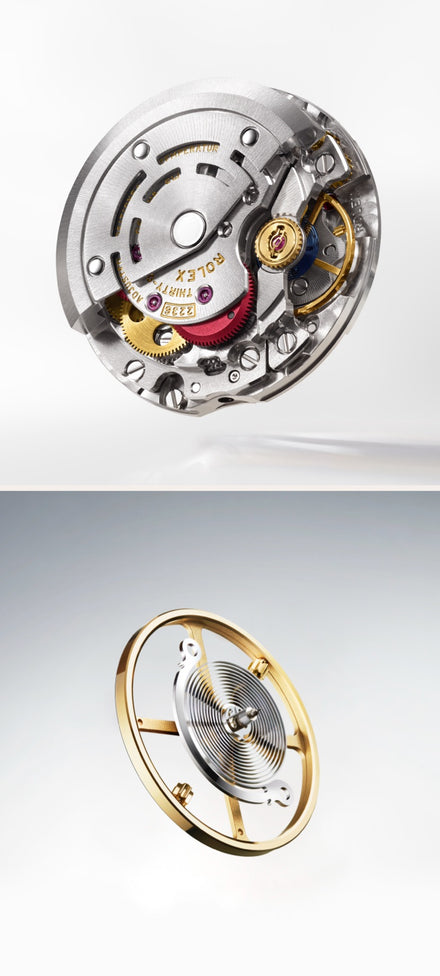 Close-up of two intricate Rolex watch movement components, showcasing gears and precision parts on a plain background.
