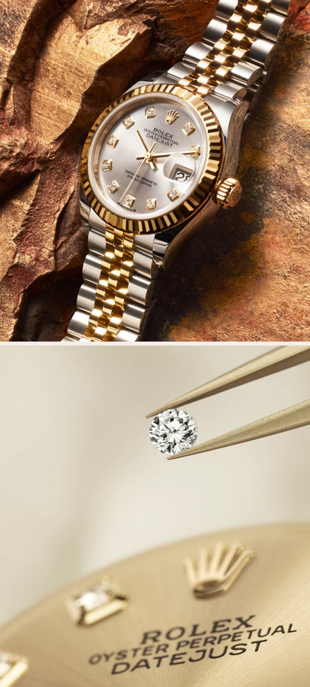 A gold and silver Rolex Datejust watch, and a diamond held by tweezers above a Rolex watch face.