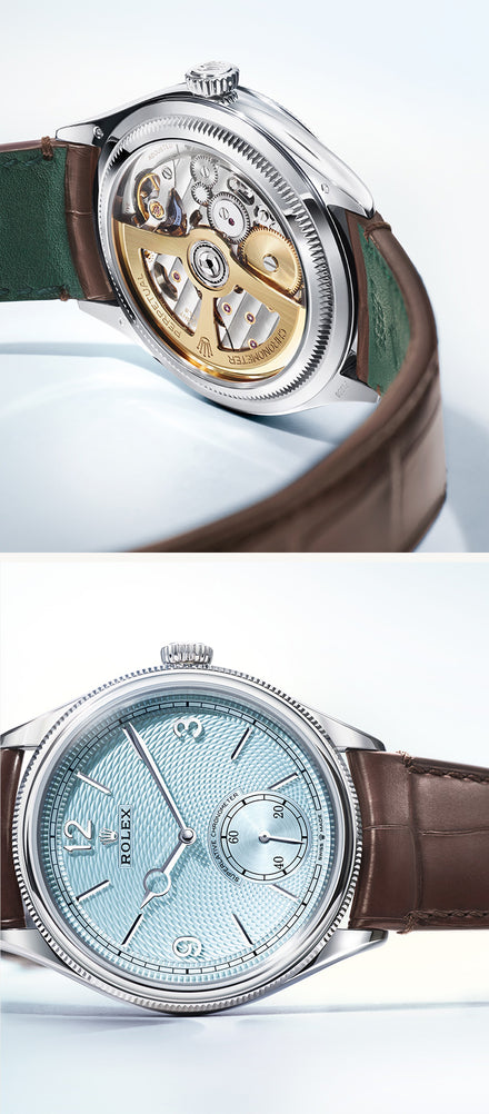 A luxury Rolex watch with a brown leather strap, showing its intricate back mechanism and blue patterned dial.