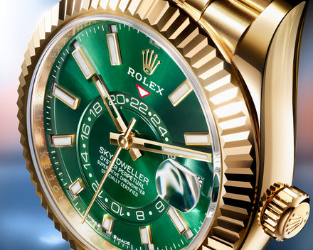 Close-up of a gold Rolex Sky-Dweller watch with a green dial and fluted bezel.