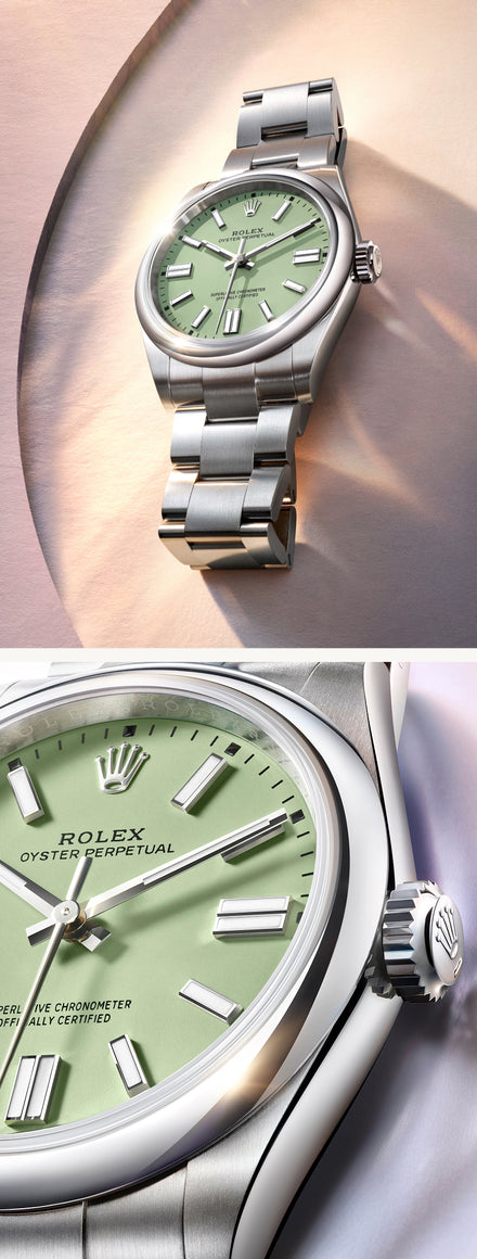 A silver Rolex Oyster Perpetual watch with a mint green dial, shown in close-up and angled views.