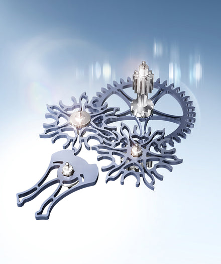 Three intricate metallic clock gears and components on a blue gradient background with light reflections.