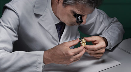 A watchmaker in a white coat examines a wristwatch closely with a magnifying loupe.
