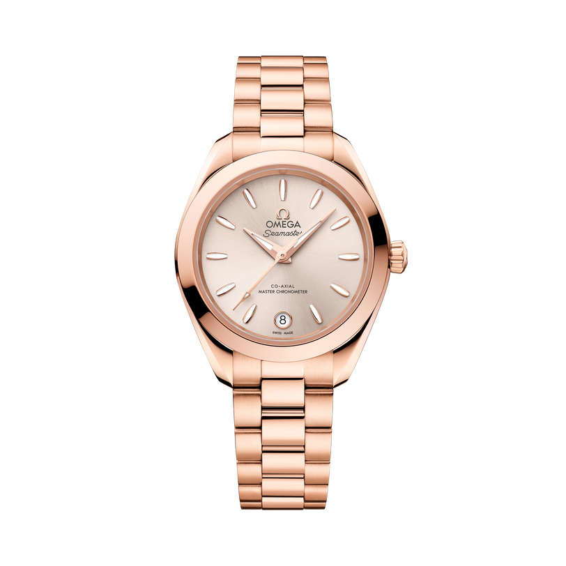 OMEGA Seamaster Aqua Terra 150M 30mm, Sedna™ gold on Sedna™ gold Rose Gold Linen Dial Watch with a Sedna™ gold integrated bracelet.