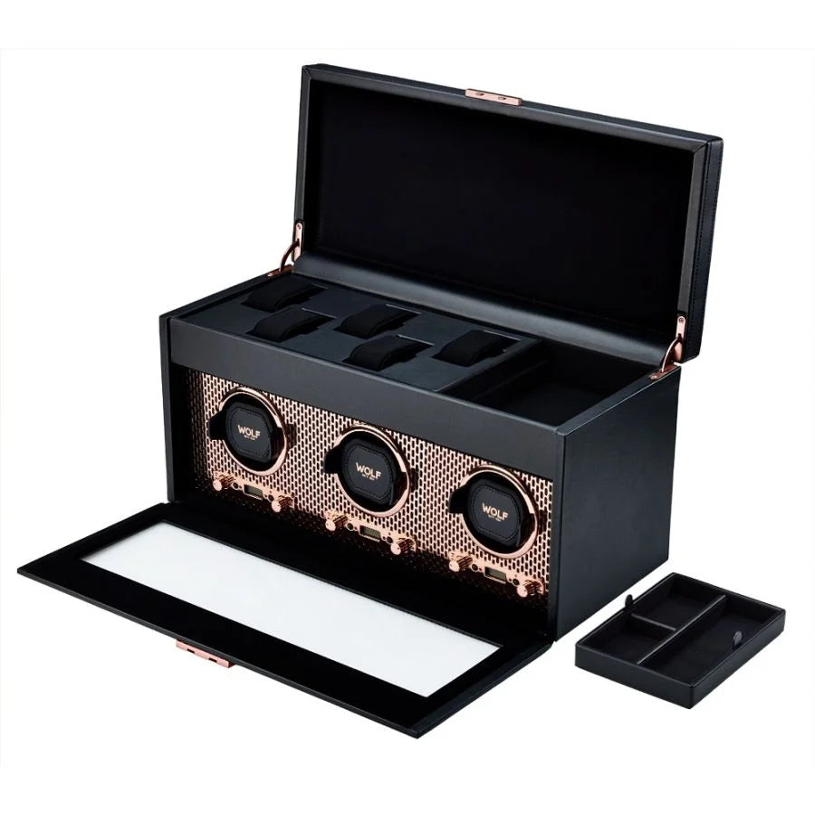 Black watch winder box with three rotating mechanisms, mesh front panel, open lid showing black cushioned watch slots, and se