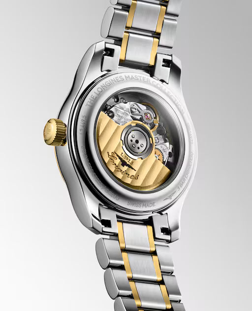 30mm watch with stainless steel case and yellow gold cap, two-tone bracelet, visible mechanical movement through exhibition c