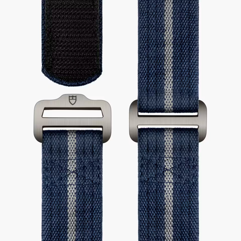 Two blue woven straps with metal buckles on a white background