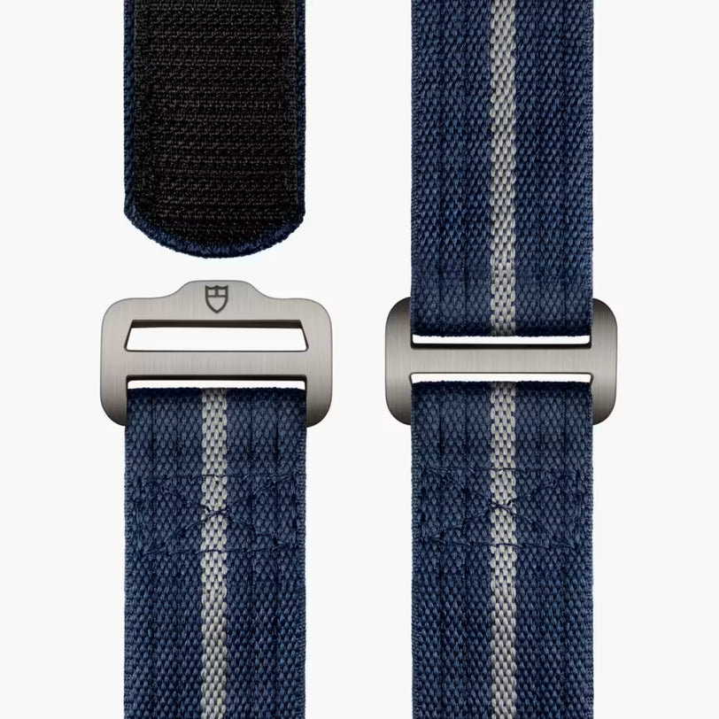 Two blue woven straps with metal buckles on a white background